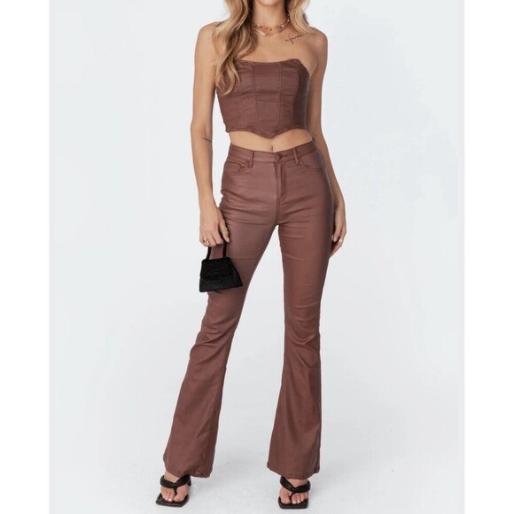 Edikted Pants - Edikted Luna Faux Leather Flare Jeans Size M Metallic Brown Stretch